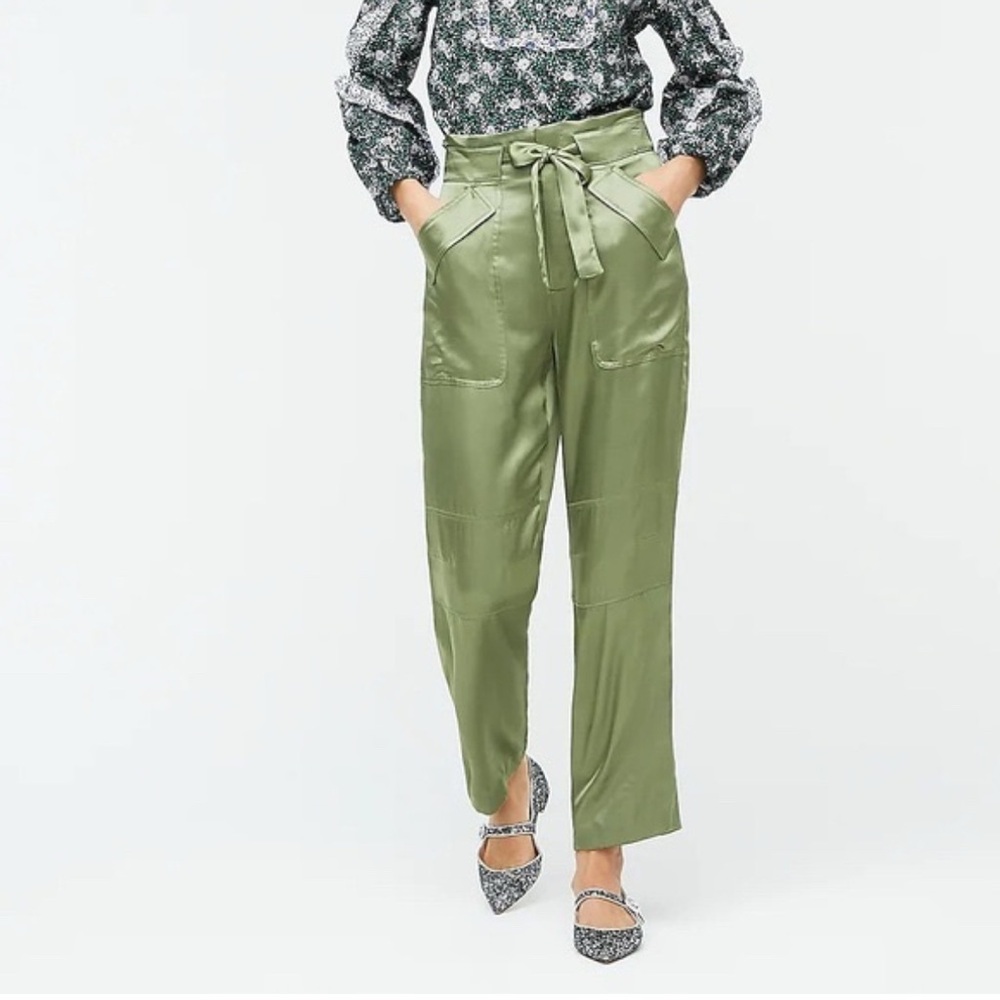 J. Crew‎ Drapey Tie-Waist Cargo Olive Green Women's High-Waisted Satin Pants